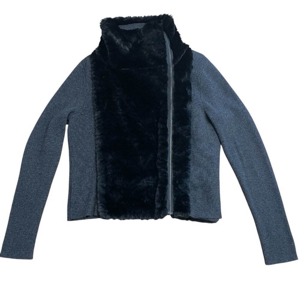 LOFT SWEATER FAUX FUR KNIT WOOL RABBIT HAIR BLEND FULL ZIP SIZE L LAGENLOOK